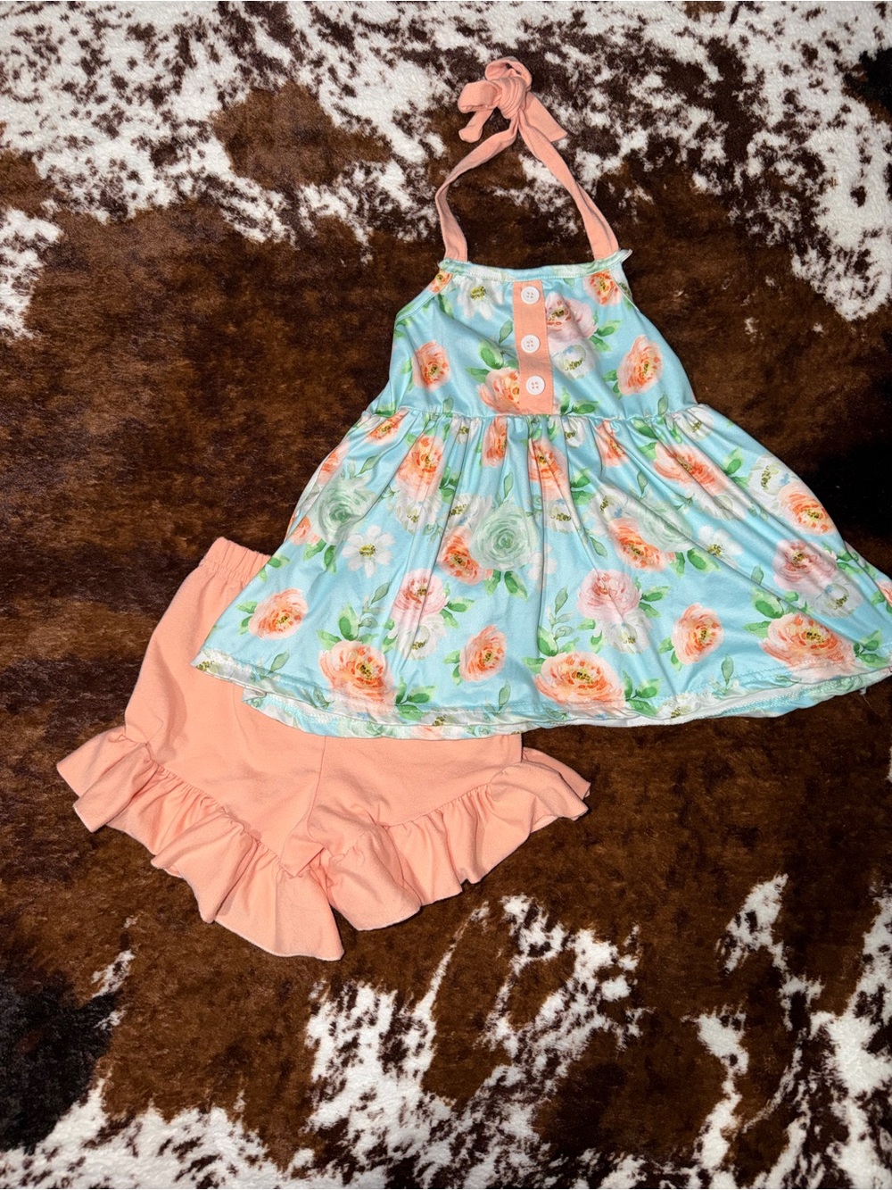 Girls Floral Halter Top & Peach Ruffle Shorts Matching Set